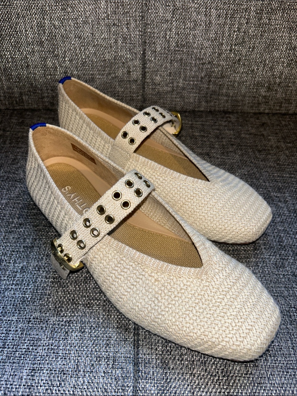 NEW - Rothy's MAX BUCKLE Cream Woven Mary Jane Flats with Grommet Strap